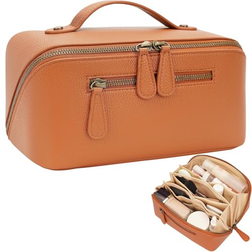 Large Waterproof Travel Makeup Bag with Dividers & Handle - Brown, 3L
