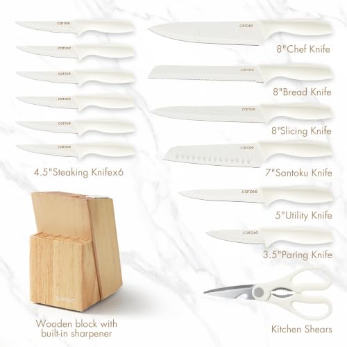 White 15-Piece Knife Set with Wooden Block & Built-In Sharpener - CAROTE
