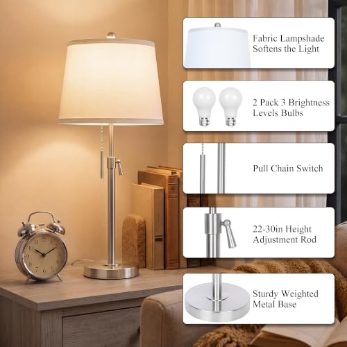 Silver White Shade Set of 2 Modern Adjustable Table Lamps - 22 to 30 Inch Bedside & Living Room Lighting