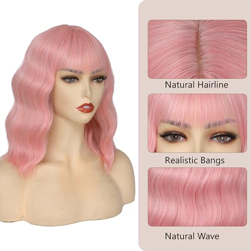 Pink Wavy Bob Wig for Women Short Pastel Curly with Bangs - Cosplay & Party Wig - Variation Pink