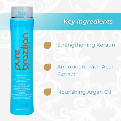 Pure Brazilian Anti-Frizz Leave-In Serum 13.5 Fl Oz - Nourishing Hair Treatment with Keratin & Argan Oil - Protects from Heat & UV