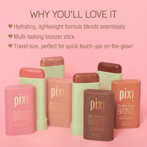 Pixi On-the-Glow Bronze - SoftGlow, Hydrating Tinted Moisture Bronzer Stick with Ginseng, Aloe Vera & Fruit Extracts, For Cheeks & Lips, 19g / 0.6oz, Paraben-Free