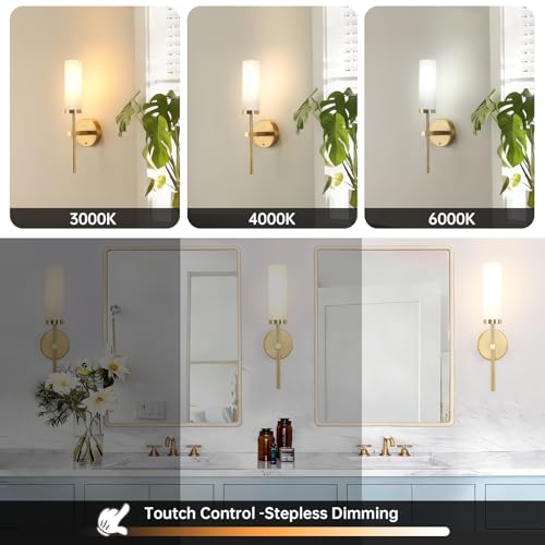 Battery Operated Wall Sconce Set - Gold & Opal Glass, 3 Color Temperatures & Remote