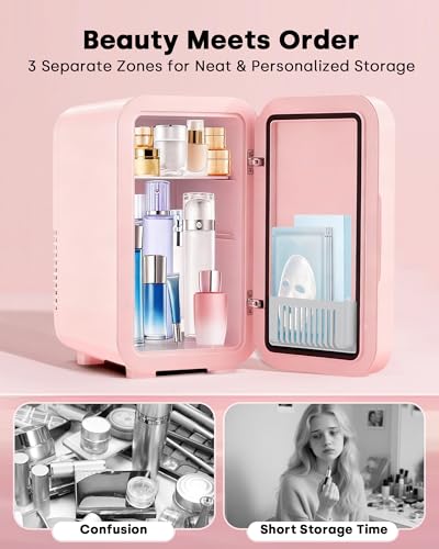 Enventor Pink 6L Mini Skincare Fridge with LED Mirror & Dual Cooling Modes