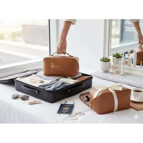 Travel Makeup Bag for Women ? Structured Vegan Leather Cosmetic Organizer with Compartments, Waterproof Toiletry Bag, Carry-On Friendly, Gift-Ready