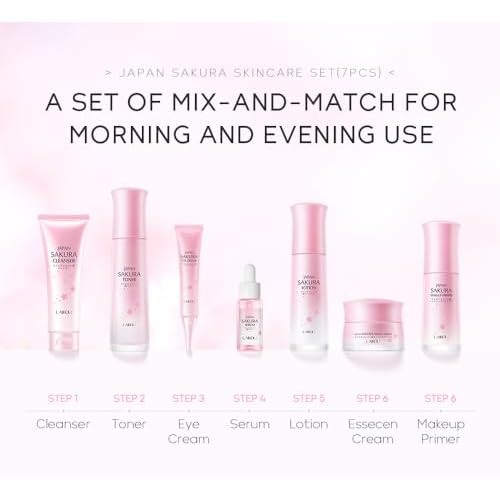 Skin Care Set JAPAN SAKURA Beauty Gift Sets Skin Care Kit with Cleanser, Toner, Lotion, Serum, Eye Cream, Face Cream, Make up Primer Travel Kit for Women Wife Mom 7pcs