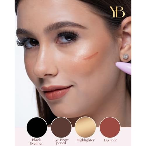 YazzBeauty - 4 in 1 Makeup Touch Up Pen with Brown Mauve Lip Liner, Black Eyeliner, Dark Brown Eyebrow Pencil, and Champagne Gold Highlighter, Compact Beauty Pen, Smudge Proof, Vegan, Cruelty-Free