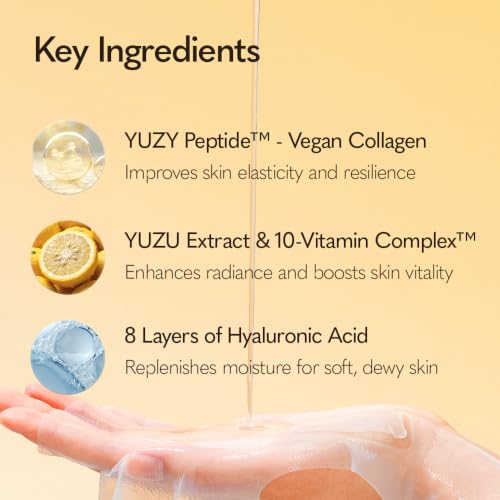 YUZY Deep Glow Vegan Sheet Mask with Peptide & Yuzu Extract, Hydrating Korean Face Mask 5 Sheets