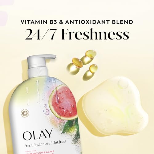 Olay Body Wash for Women, Fresh Radiance, 24/7 Skin-Loving Freshness, Visibly Radiant, Plant Based Cleansers, Vitamin B3 & Antioxidant Blend, For All Skin Types, Watermelon & Agave Scent, 35 fl oz