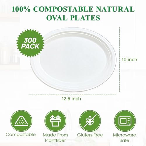 12 Inch Compostable Oval Paper Plates - White, 300 Pack - Eco-Friendly & Heavy Duty