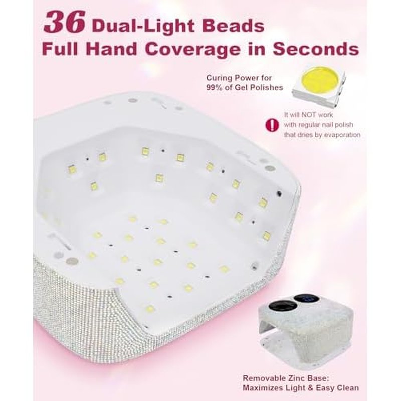 80W Cordless Nail Lamp with Magnetic Detachable Base, Dual-Screen Display & Gel Nail Light, Professional UV/LED Light for Gel Nails Fast Curing All Gel Polishes (Diamond)