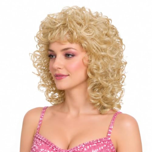 ColorGround Medium Long Curly Blonde 80s Rocker Wig for Women