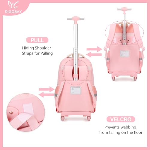 Girls Rolling Backpack with Wheels - Beige Pink School Bag Set with Lunch & Pencil Case