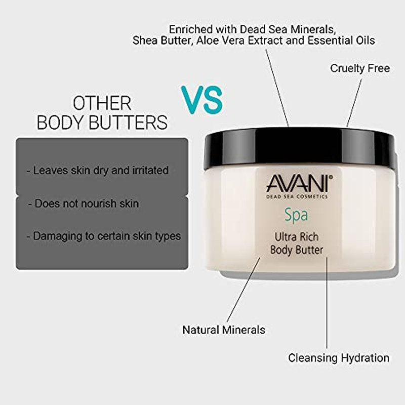 Avani Ultra Rich Body Butter - Dead Sea Salt, Aloe Vera, Vitamin E, Shea, Jojoba, Sunflower, Olive Essential Oil - Natural Butter for All Skin Types - Milk/Honey Fragrance