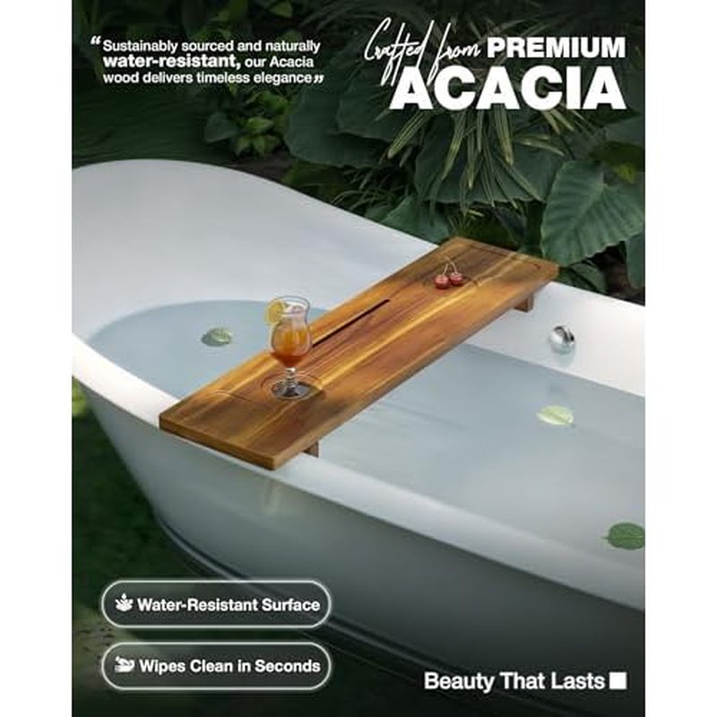 Bathtub Tray, Acacia Bath Tray for Tub, 34.6''x9'' Wooden Bathtub Caddy Tray with Adjustable Legs Fit Various Bathtubs, Anti-Tipping, Sustainable Bath Table with Wine Glass and Tablet Holder