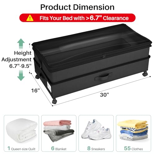 Kitstorack 4 Pack Height-Adjustable Under Bed Storage Containers with Wheels & Clear Windows - Black