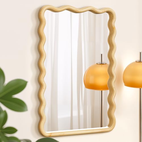 TRAHOME Natural 36" x 24" Wavy Wood Bathroom Vanity Mirror - Boho Wall Decor