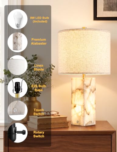 White 23-Inch Alabaster Table Lamp Set of 2 - Modern Marble Nightstand Lamps with Linen Shade, Touch Control & 3-Level Dimming