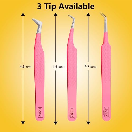Hadiz Fiber Tip Volume Lash Tweezers Eyelash Extensions Volume Mega Volume 45 and 90 Degree Tweezers(Pack of 3, PINK)