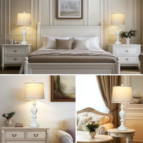 28-Inch White Farmhouse Table Lamps Set of 2 with USB-C & AC Outlet - Dimmable Touch, Vintage Rustic Living Room and Bedroom Lighting - Variation: White-1