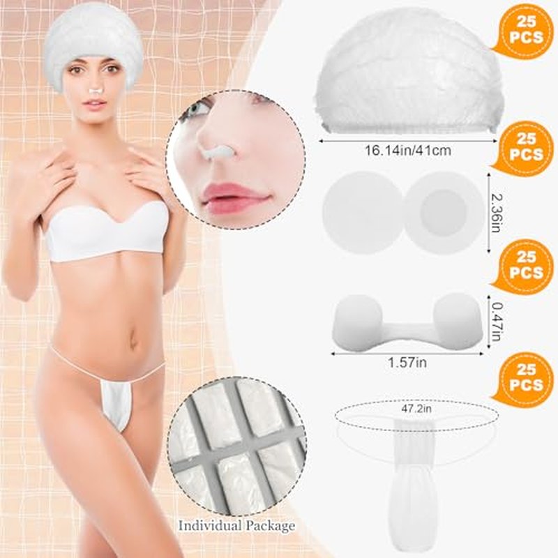 125 Pcs Spray Tan Tanning Essentials Accessories Kit 25 Set Disposable Caps Underwear Feet Pads Nipple Cover Nose Filter Plugs for Beauty Salons Home Sunless Tanning (White)