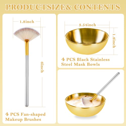 8 Pcs Gold Facial Bowl and Brush Set 4 Gold Stainless Steel Mixing Bowls 4 Facial Fan Brushes Esthetician Face Mask Brush for Mud Cream Makeup Spa Salon (8 Pcs)