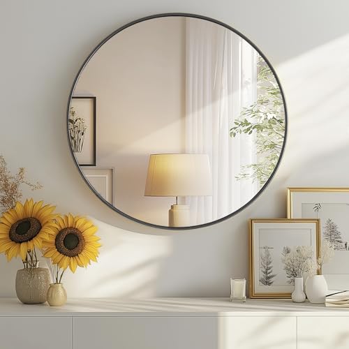 OLIXIS Black Round Bathroom Mirror, 30 Inch Metal Frame Circle Vanity Mirror Wall Mounted for Bathroom,Bedroom, Living Room, Entryway