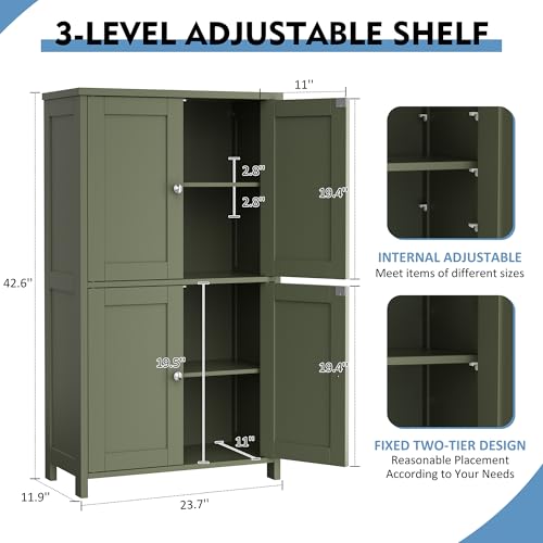Bathroom Storage Cabinet with 4 Doors & Adjustable Shelves - Green