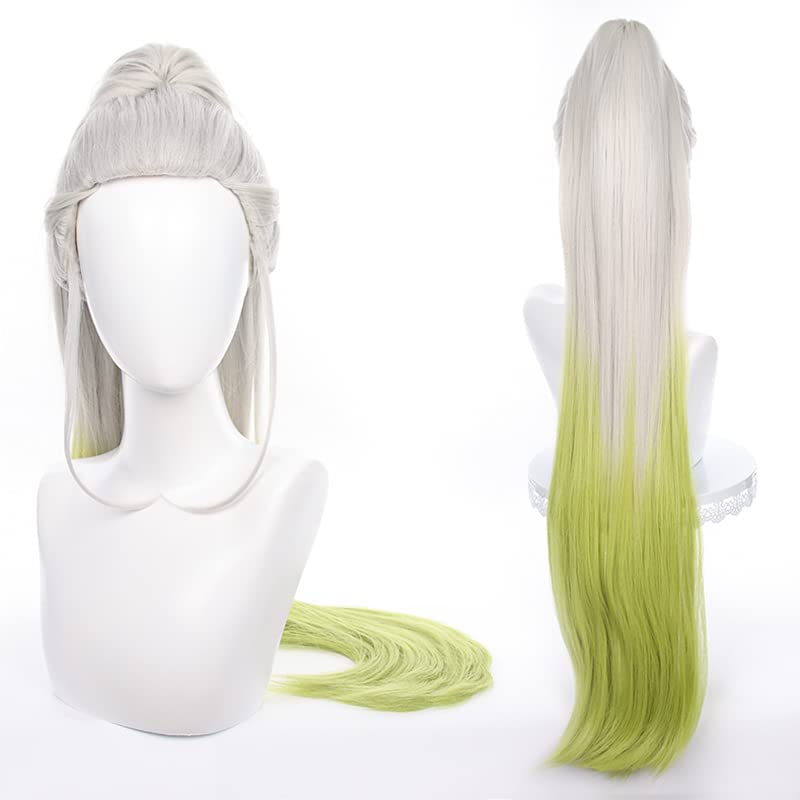 Servelove Grey Green Long Anime Cosplay Wig with Ponytail for Costume & Role Play