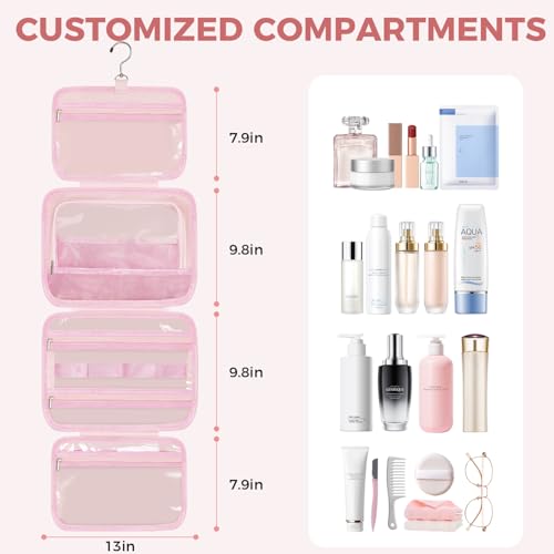 Pink Portable Hanging Toiletry Bag for Women with 4 Leakproof Compartments - L Size