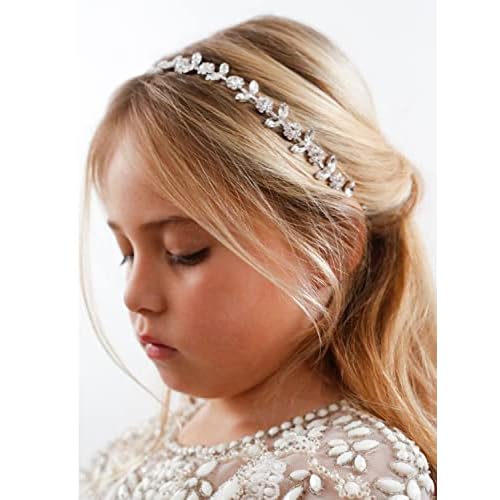 SWEETV Silver Flower Girl Headpiece for Wedding Crystal Baby Girl Headband Flower Crown Communion Hair Accessories for Birthday, Photography