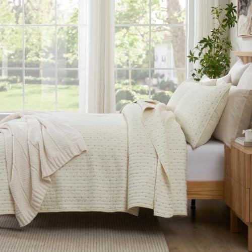 Cream White Cross Stitch Quilt Set - 100% Cotton King Bedding with Pillow Shams