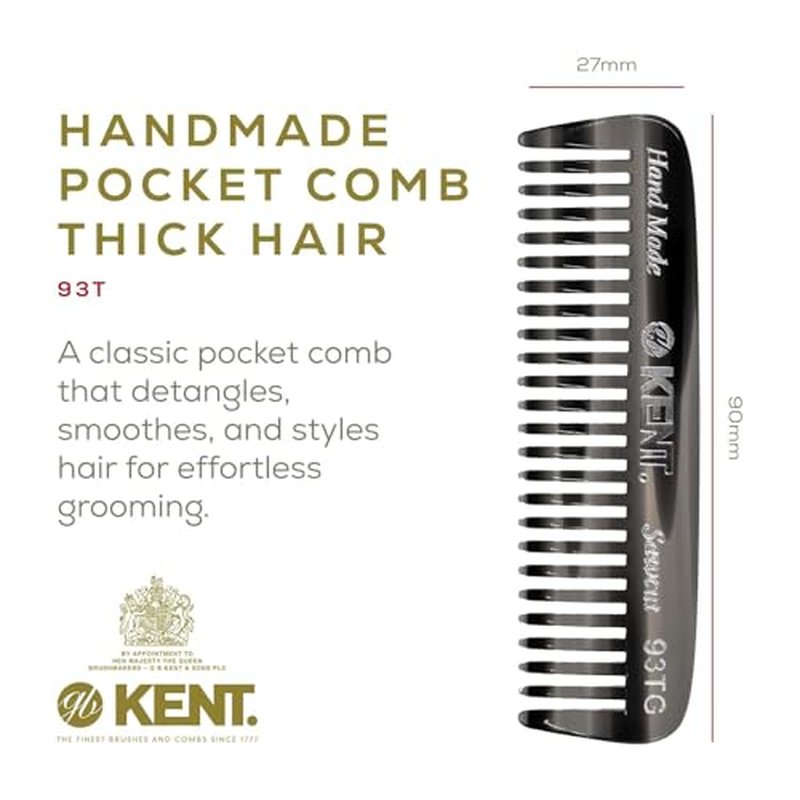 Kent 93T Black Graphite Beard Comb for Men - Wide Tooth Men's Comb, Ideal For Mustaches and Beards and Facial Hair, Small Pocket Sized Travel Detangler Combs, Saw-Cut, Hand Polished, Made in England