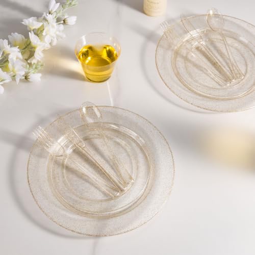 BESTVIP Gold Glitter Disposable Dinnerware Set for 100 Guests - Plastic Plates & Cutlery