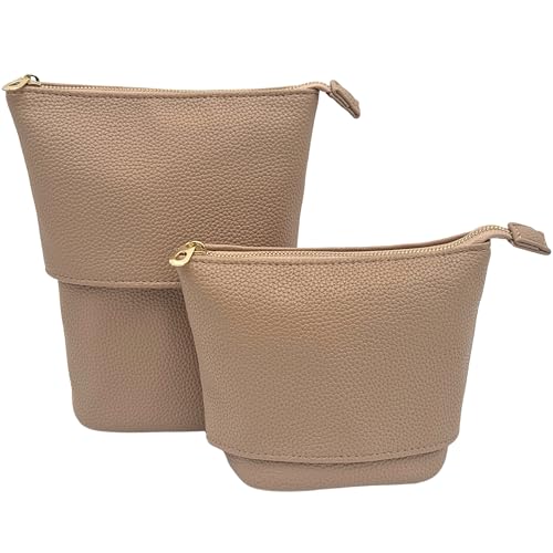 JAZD Convertible Travel Makeup Brush Bag, Stand-Up Brush Holder Pouch For Easy Access, Cosmetic Case Organizer (BEIGE)