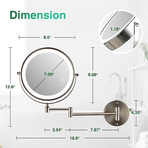 Rechargeable Wall Mounted Makeup Mirror Brushed Nickel, 8.5'' Magnifying Mirror with Lights Double-Sided 1X/10X 360¡Æ Rotation Extension Bathroom Shaving Mirror with Foldable Arm