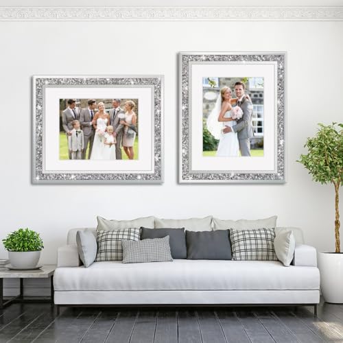 ALLARTONLY 16x20 Inch Crushed Diamond Photo Frame Set - Silver Wall Picture Frames with Mat for 11x14 Photos, 2 Pack
