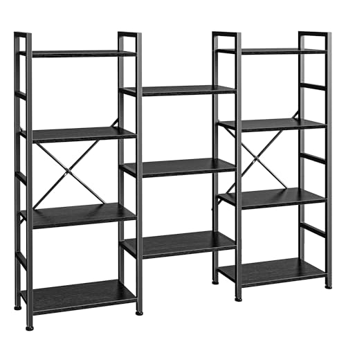 SUPERJARE Black 4-Tier Triple Bookshelf with 11 Adjustable Shelves - Home & Office Storage