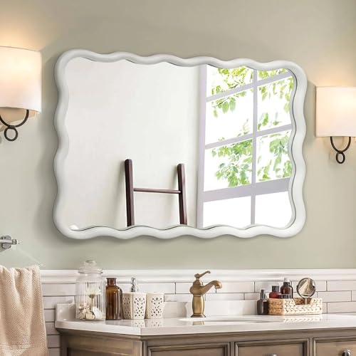 White Wavy Mirror for Wall - 20x30 inch Solid Wood Frame Modern Decor