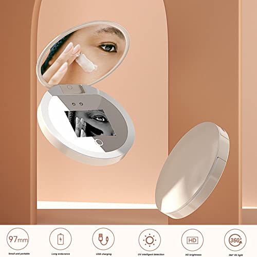 Diyeeni Compact Mirror with Camera for Sunscreen Test, Travel Lighted Makeup Mirror, 2X Magnification, Portable 2 Sided Pocket Mirror for Handbag Purse, 3.5 Inch