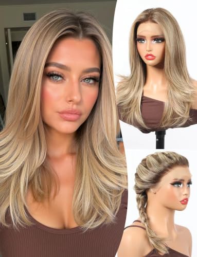 20 Inch Synthetic Straight Lace Front Wig with Layers - Ash Brown, 13x4