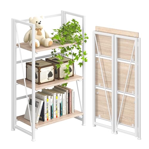 Foldable Bookshelf Storage Rack - 3 Tiers, No Assembly, Vintage Design, 23.6in Wide - Natural White