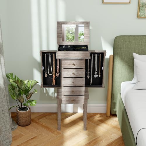 GIANTEX Standing Jewelry Cabinet with Flip Top Mirror & Light Gray Oak Finish