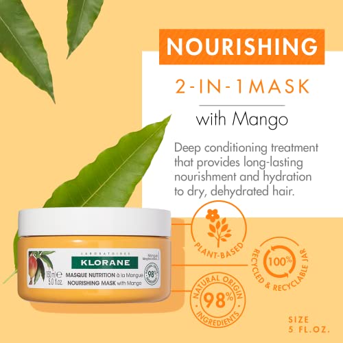 Klorane Nourishing 2-in-1 Mask with Mango, Deep Conditioning and Overnight Treatment for Dry Hair, Paraben, Silicone and Sulfate Free, Biodegradable, Vegan, 5 fl.oz.
