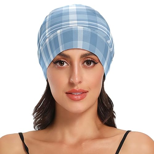 Satin Bonnet Wrap for Sleeping - Lined Sleep Cap for Curly Hair Women & Men - Blue Plaid