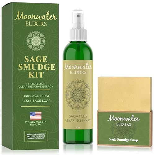 Smudge Spray Bundle - White Sage Smudge Spray and Sage Soap for Cleansing Negativity, Smokeless Smudging Kit to Support Positive Aura, and Cleansing Negative Energy-8oz by Moonwater Elixirs