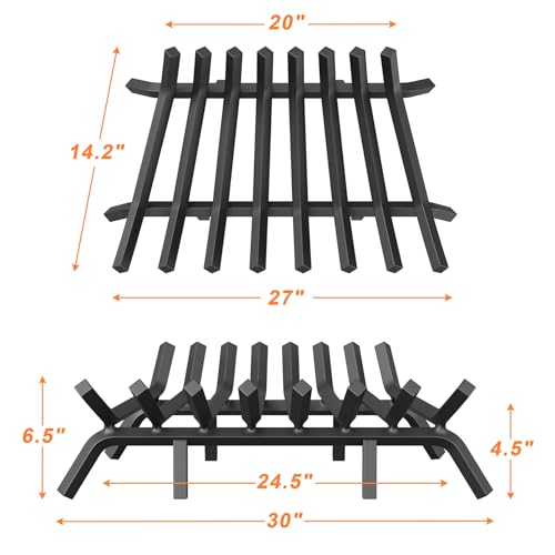 30 Inch Fireplace Grate with 8 Support Legs & Fire Tongs Poker - Square Variation