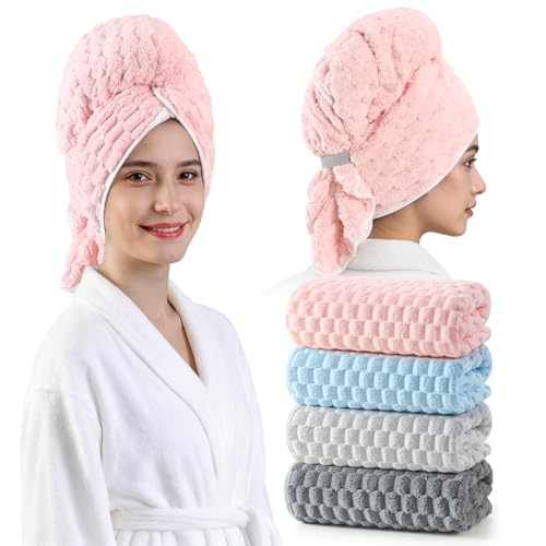 4 Pack Extra Large Microfiber Hair Towels for Women - Pink, Blue, Grey, Charcoal - Soft Fast Drying Curl & Thick Hair Wraps with Elastic Strap