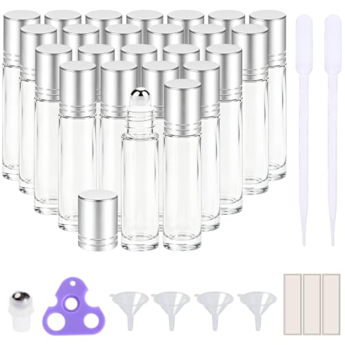 Clear Refillable Essential Oil Roller Bottles Set of 24 with Silver Caps - Leak-proof, Travel Size