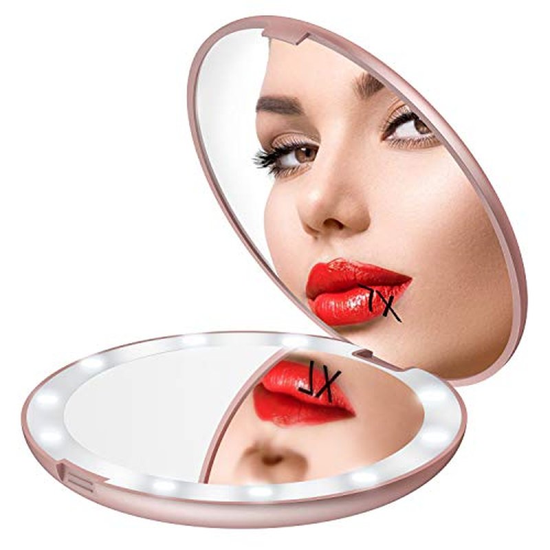 Gospire 5" Lighted Travel Makeup Mirror 1X/7X Magnifying Double Sided, Super Large LED Compact Portable Handheld Pocket Illuminated Cosmetic Vanity Mirror with Battery for Makeup Bag